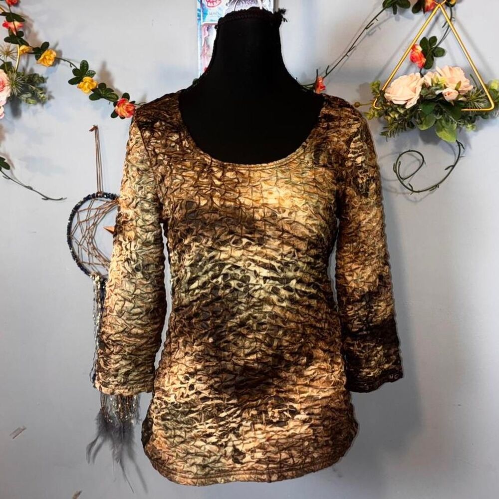 Textured Brown & Black Tie‑Dye crinkled Renuar Blouse (M)